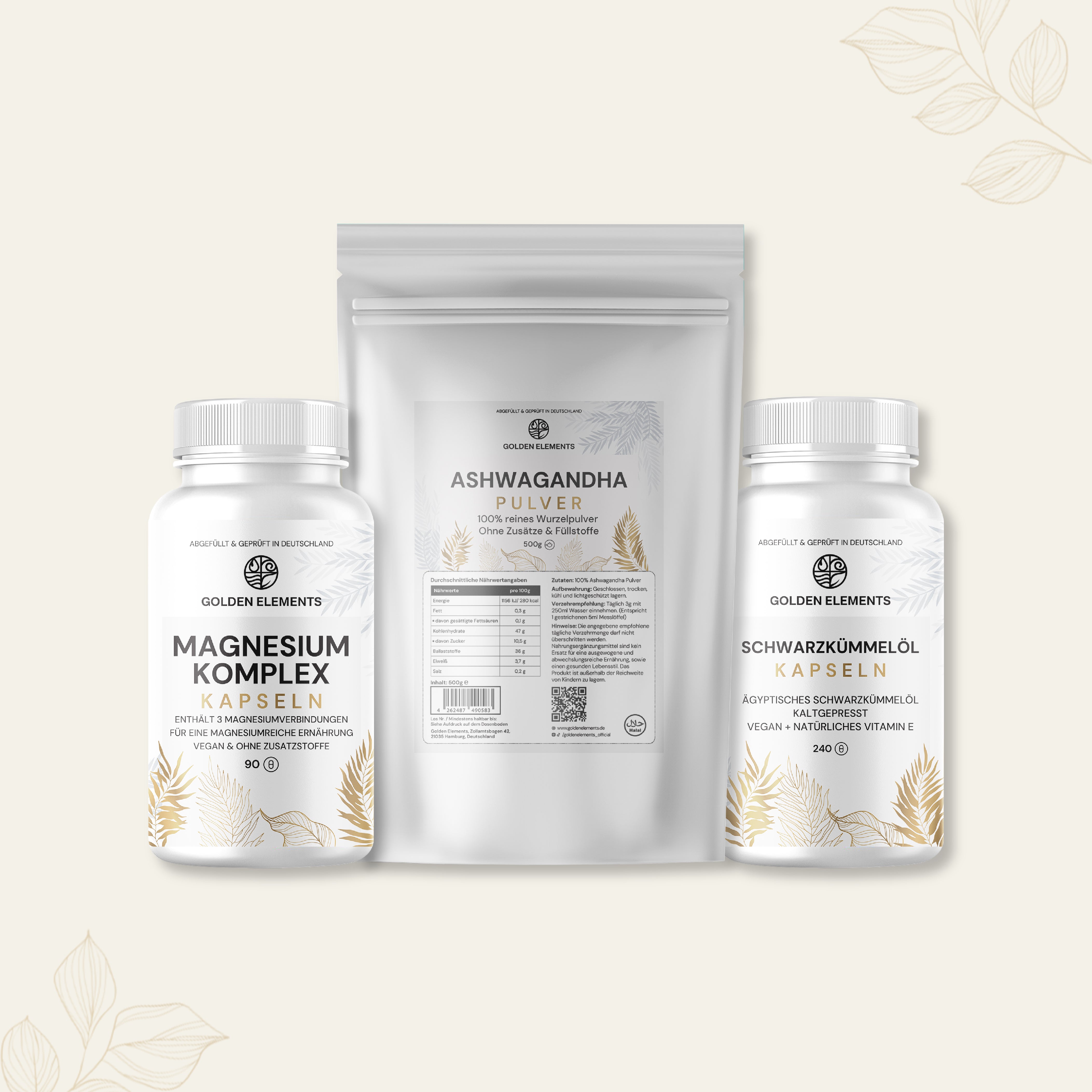 Golden Elements Zen Bundle mit Magnesium Komplex Kapseln, Ashwagandha Pulver und Schwarzkümmelöl Kapseln – Produktetiketten